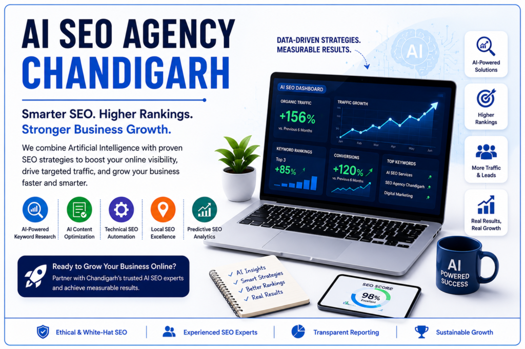 AI SEO Agency Chandigarh banner featuring an AI-powered SEO dashboard, laptop analytics, keyword optimization tools, and business growth metrics.