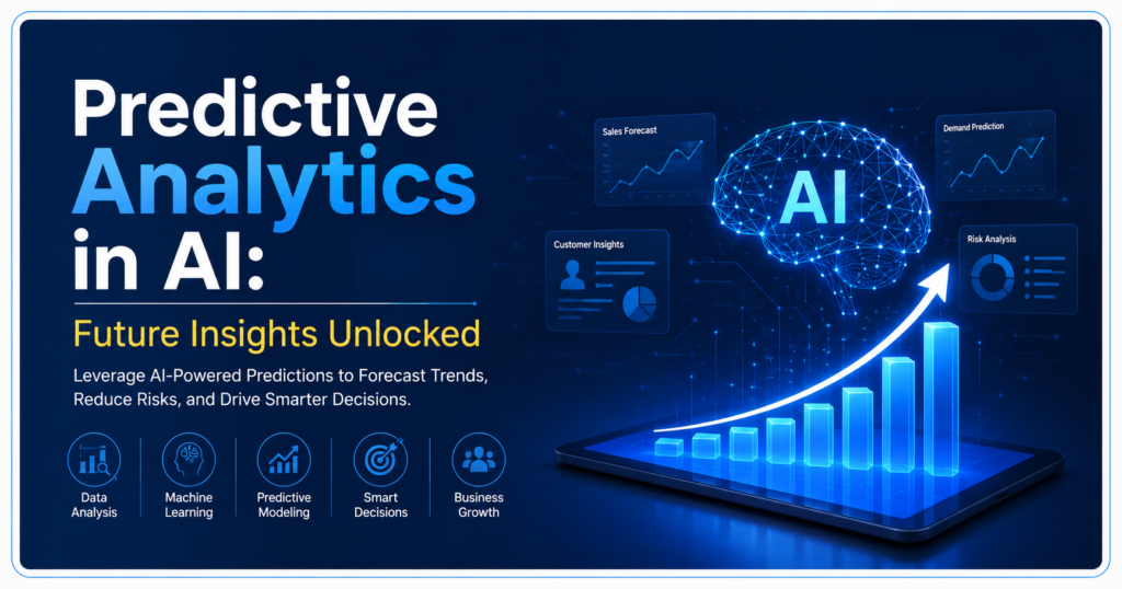 Predictive Analytics in AI banner featuring a digital AI brain, data dashboards, predictive modeling charts, and a rising analytics graph illustrating AI-powered forecasting, risk reduction, and smarter business decision-making.