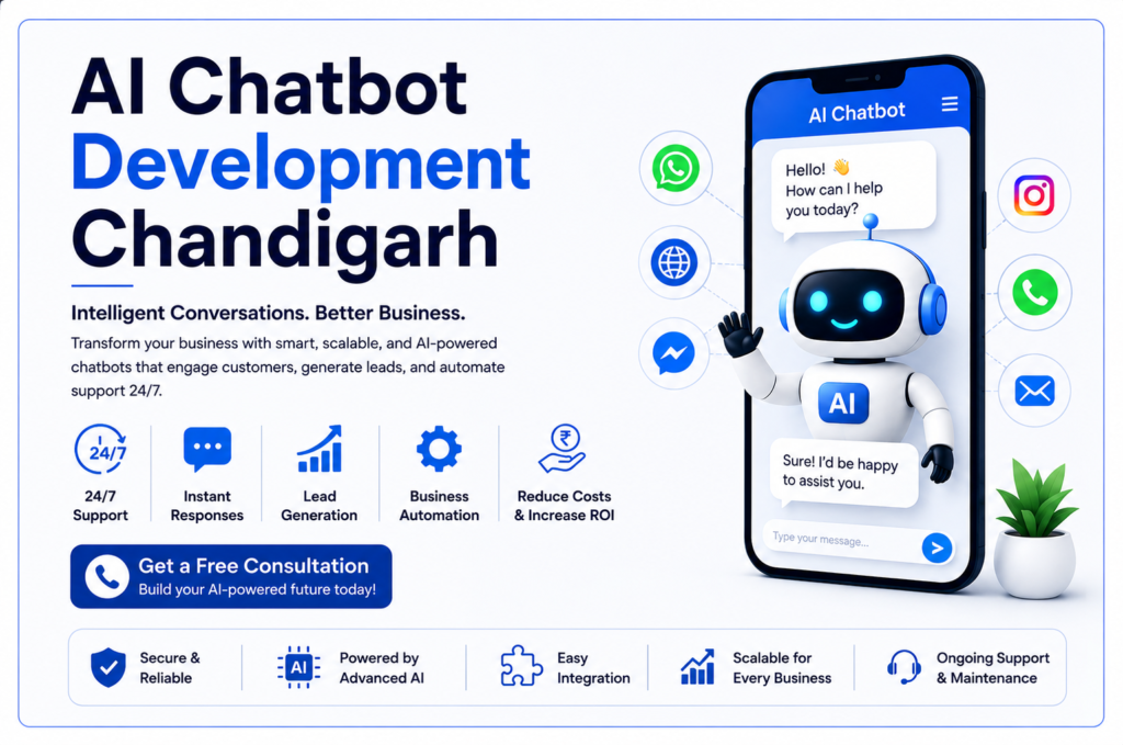 AI Chatbot Development Chandigarh banner featuring AI-powered chatbot solutions for customer support, lead generation, business automation, and conversational AI services.