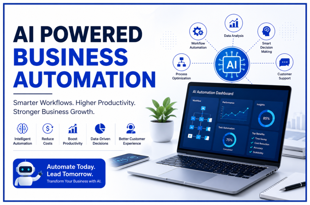 AI Powered Business Automation illustration showing AI workflow automation, analytics dashboard, intelligent process optimization, and business productivity solutions.