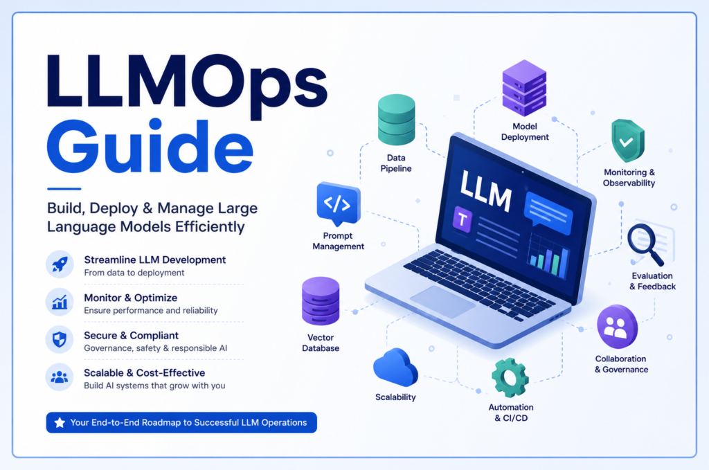 LLMOps Guide banner illustrating large language model deployment, monitoring, prompt management, vector databases, automation, and scalable AI operations.